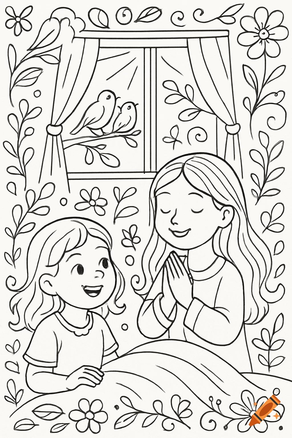 Line art drawing of two girls, one praying, one smiling, in a room with a window, birds, and floral elements, ideal for coloring.
