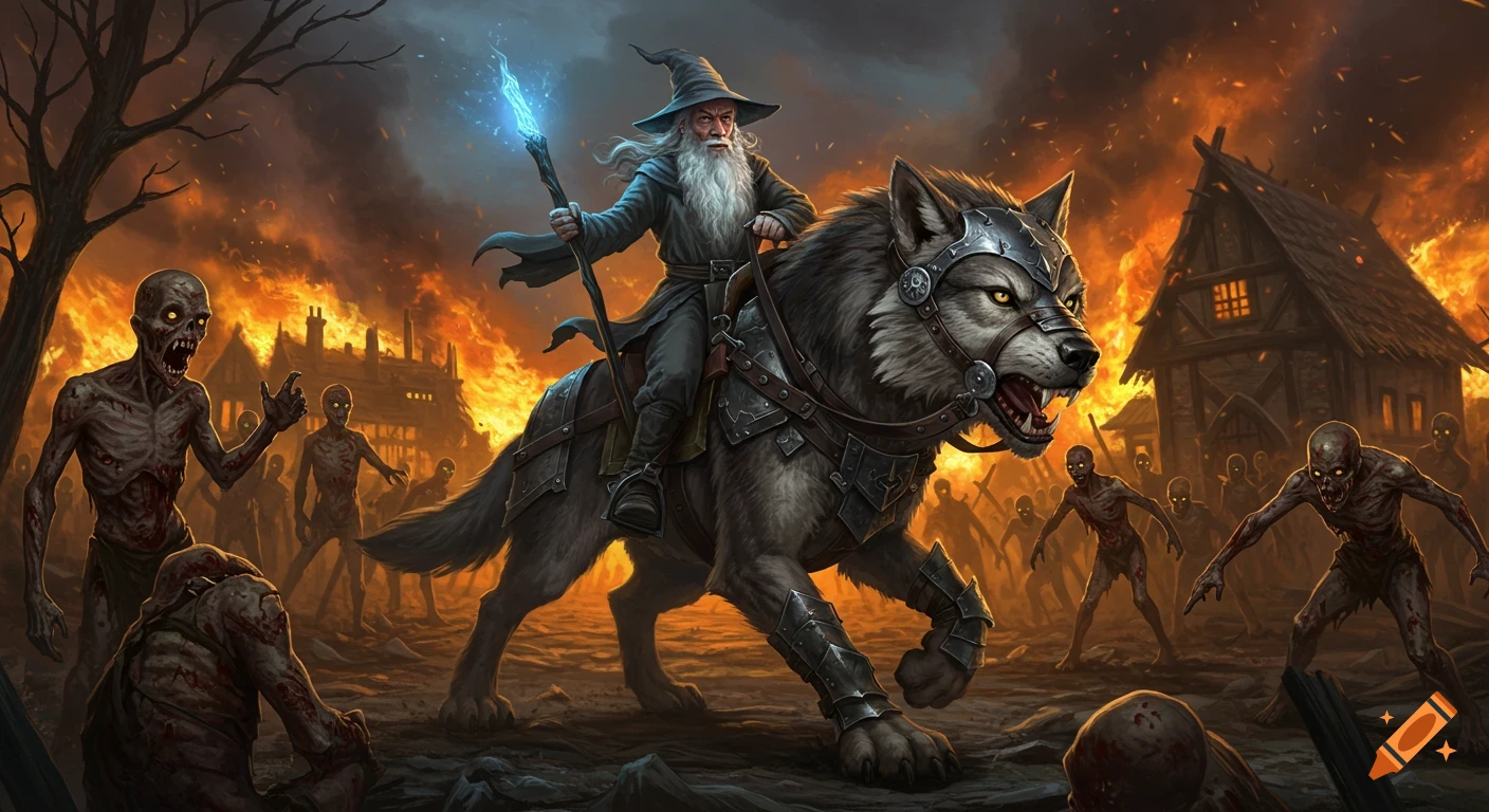 A Gandalf-like wizard on an armored wolf chases zombies through a burning village in a dark fantasy style.