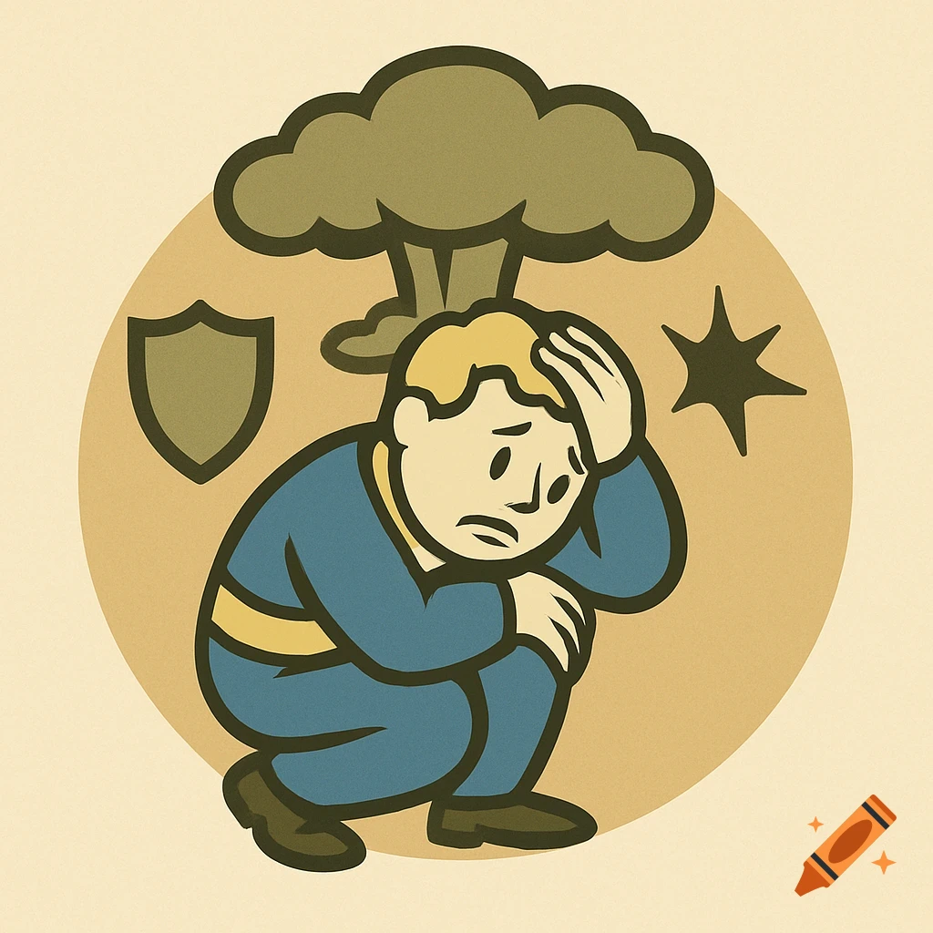 Vault Boy character in a blue jumpsuit squatting with hands on head under a mushroom cloud, with a shield and star, in a vintage Fallout style.