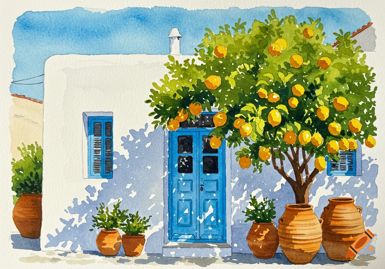 A vibrant watercolor painting of a white Greek house with a bright blue door, a lemon tree, and terracotta pots.