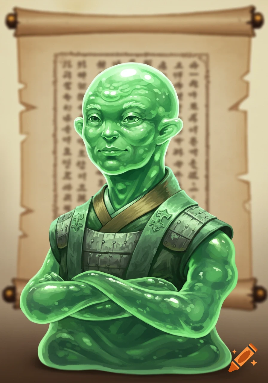 An illustration of a bald, green humanoid slime character wearing monk-like armor, standing with arms crossed in front of a scroll.