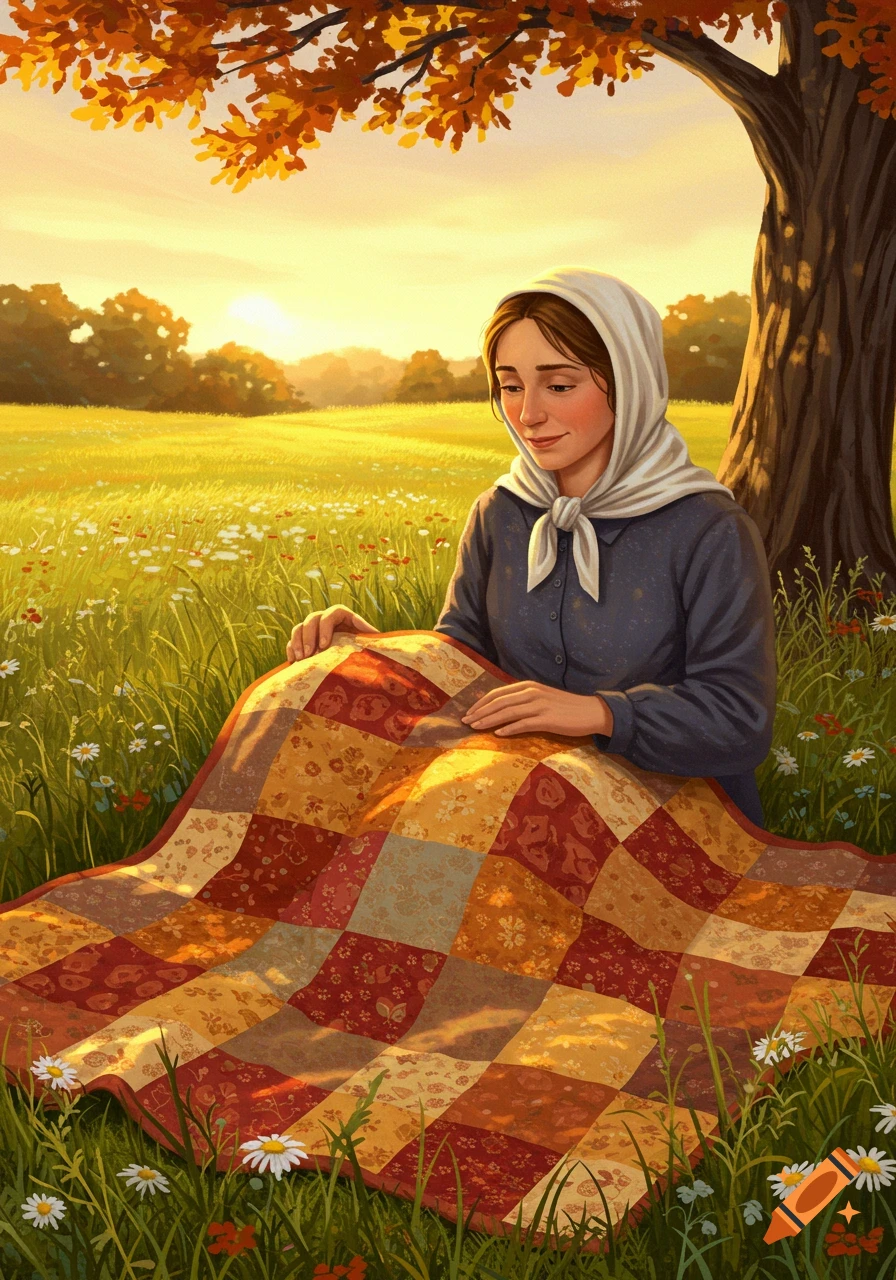An illustrated woman in a white headscarf sits under a fall tree in a sunny field, working on a patchwork quilt.