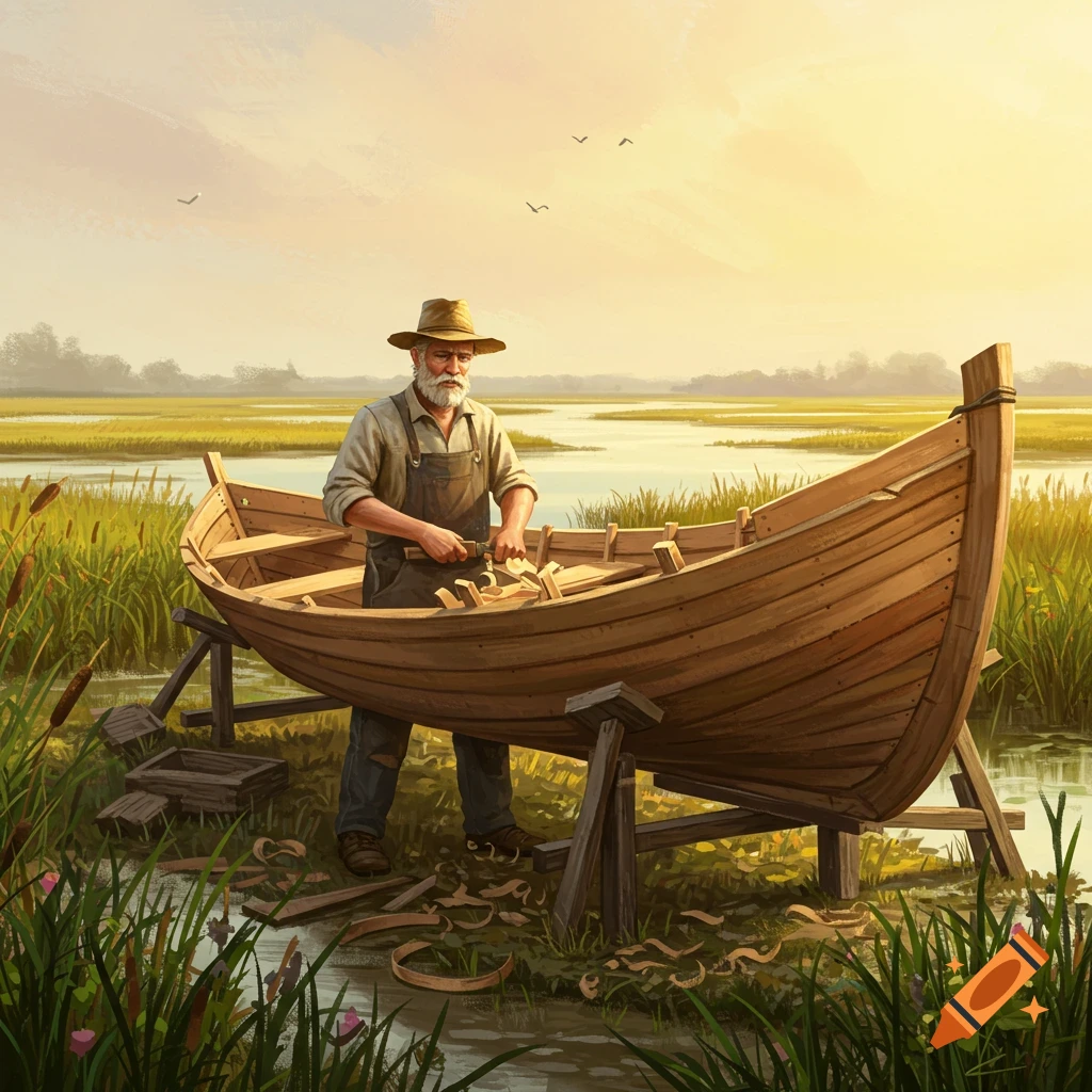 An old man in a straw hat and overalls works on building a wooden boat in a sunny marshland surrounded by tall green reeds.