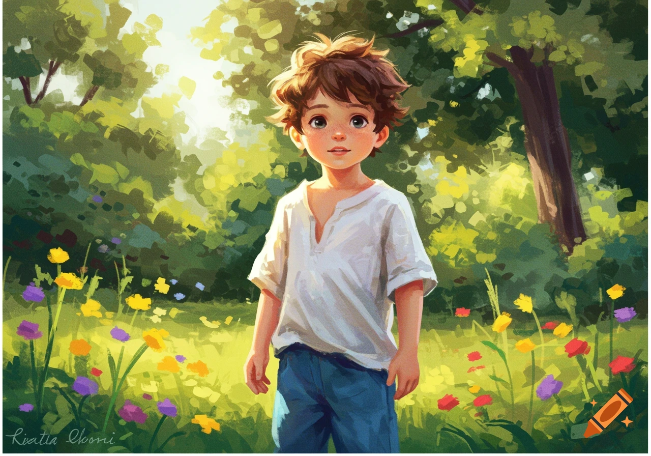 Impressionistic illustration of a young boy with curly brown hair in a white shirt and blue pants, standing in a sunny field with colorful flowers.