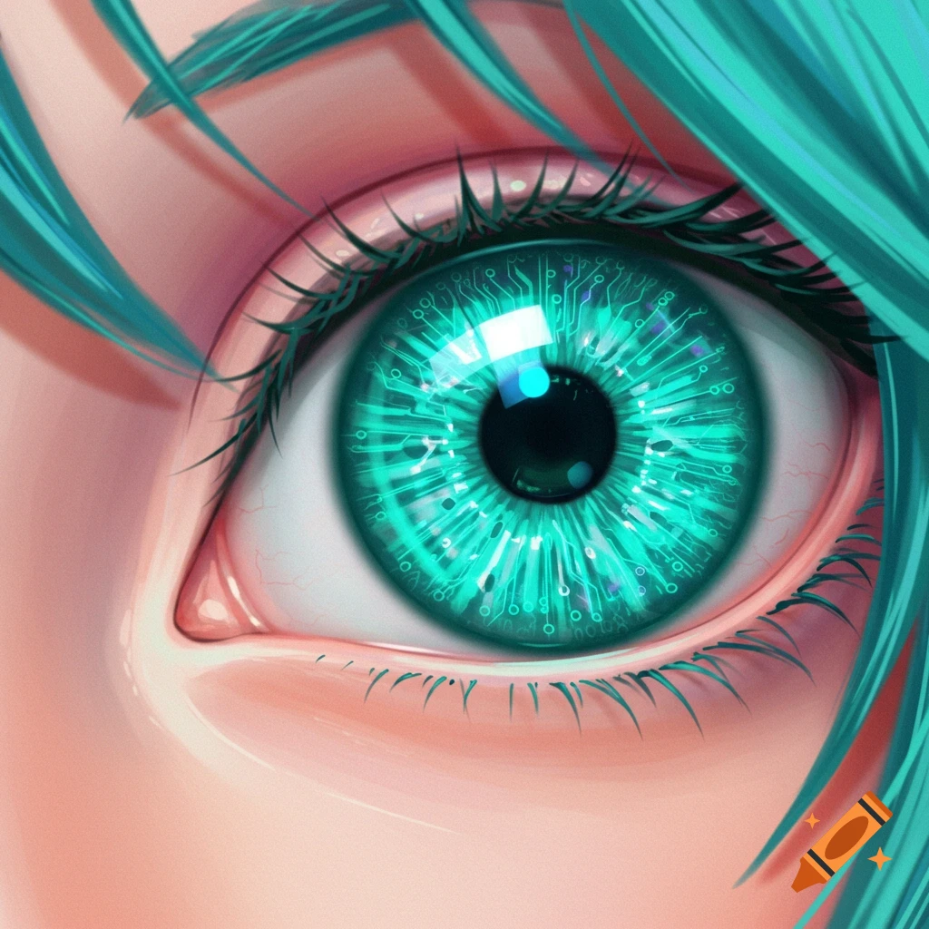 Close-up of a vibrant, teal anime eye with a circuit board pattern in its iris and teal hair visible.