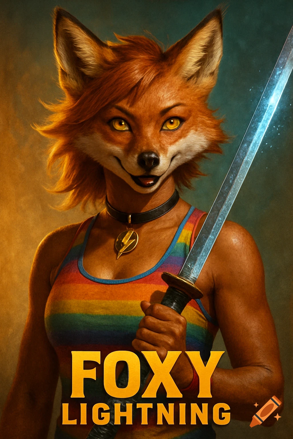 A photorealistic movie poster of a fox-human hybrid in a rainbow tank top, holding a glowing katana, with 'FOXY LIGHTNING' title.
