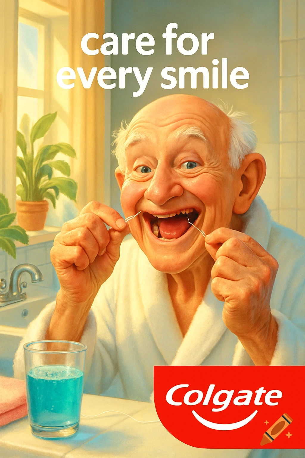 An old man in a bathrobe happily flosses his teeth in a bathroom with Colgate text and a slogan.