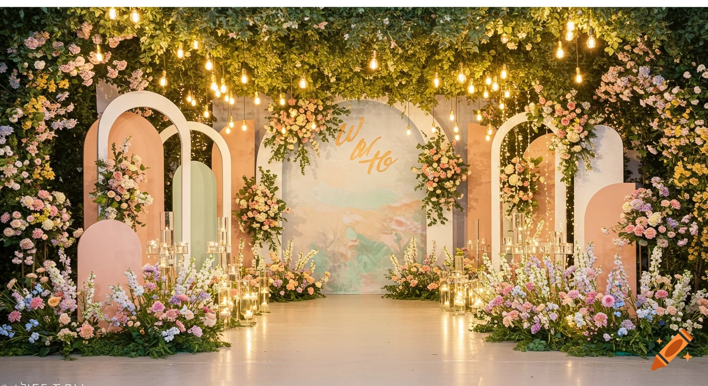 Elegant wedding backdrop with pastel arches, lush flowers, green foliage, hanging lights, and candles. Stylized golden text on central arch.