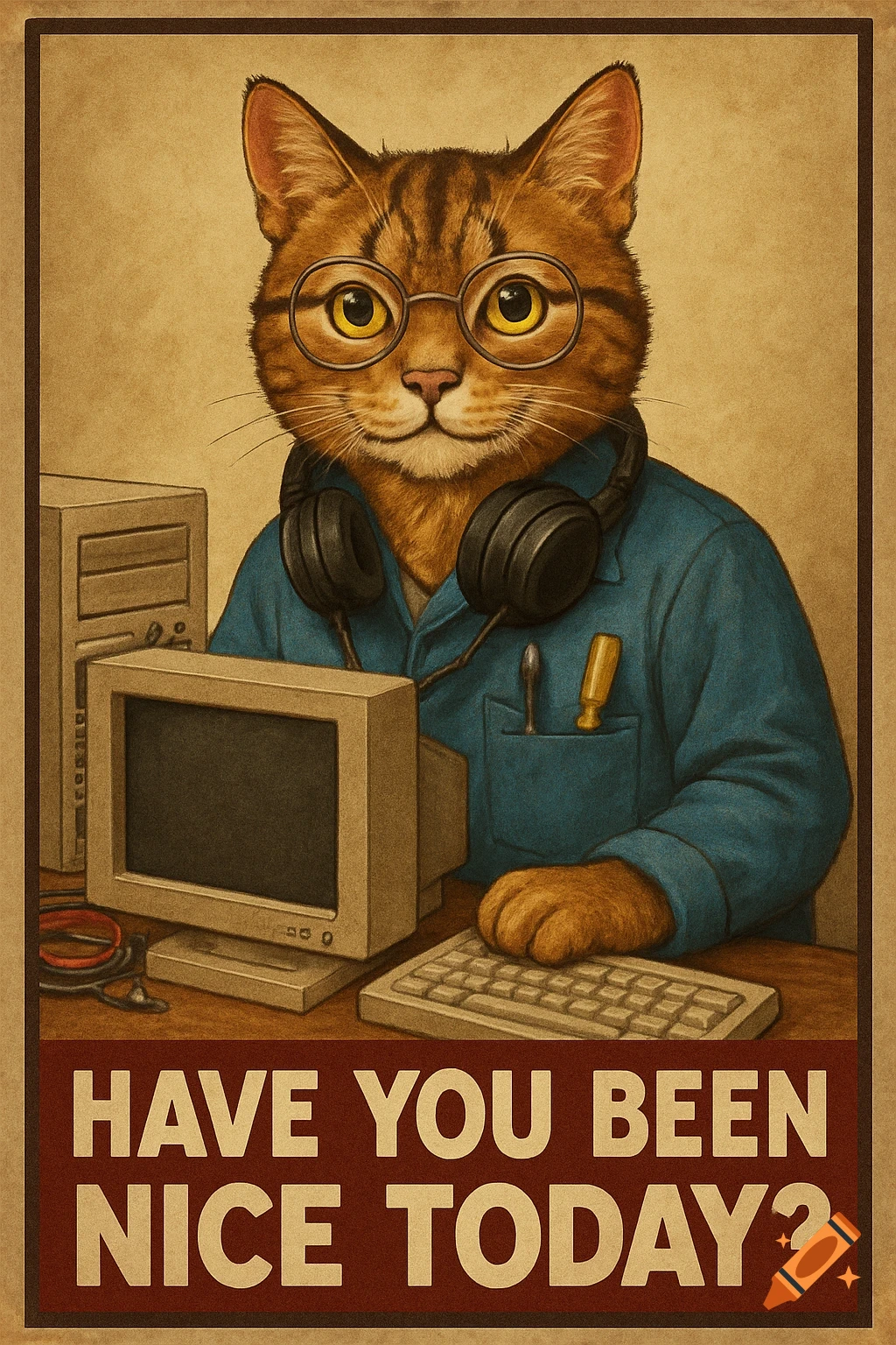 A vintage-style poster depicting an anthropomorphic cat in glasses and headphones, sitting at a retro computer. The text reads, 'HAVE YOU BEEN NICE TODAY?'