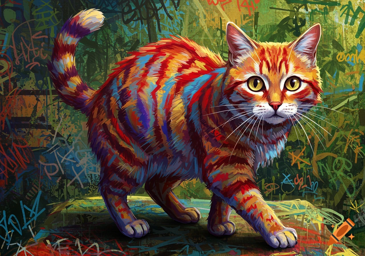 A vibrant, colorful cat with orange, red, blue, and yellow stripes walks through a background covered in green and blue graffiti art.