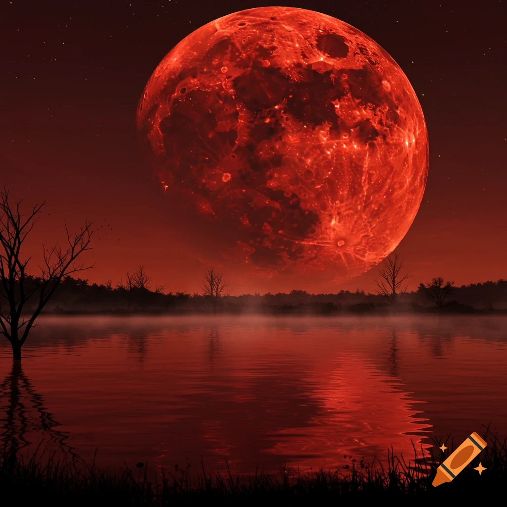 A large blood-red moon hangs over a dark landscape with a still lake reflecting the moonlight, silhouetted trees on the horizon.
