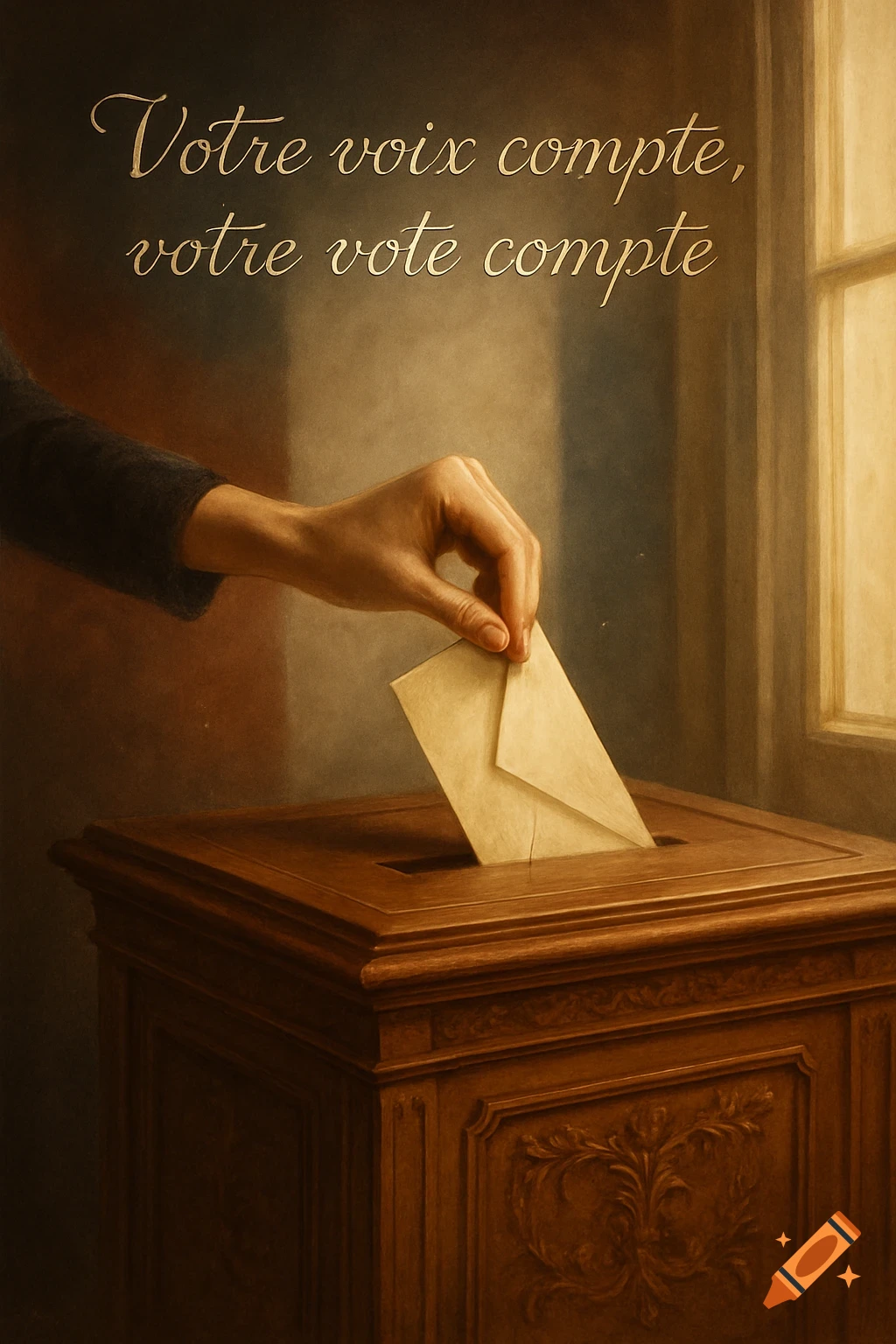 A hand drops a ballot into a wooden voting box under the text 'Votre voix compte, votre vote compte' in a painterly style.
