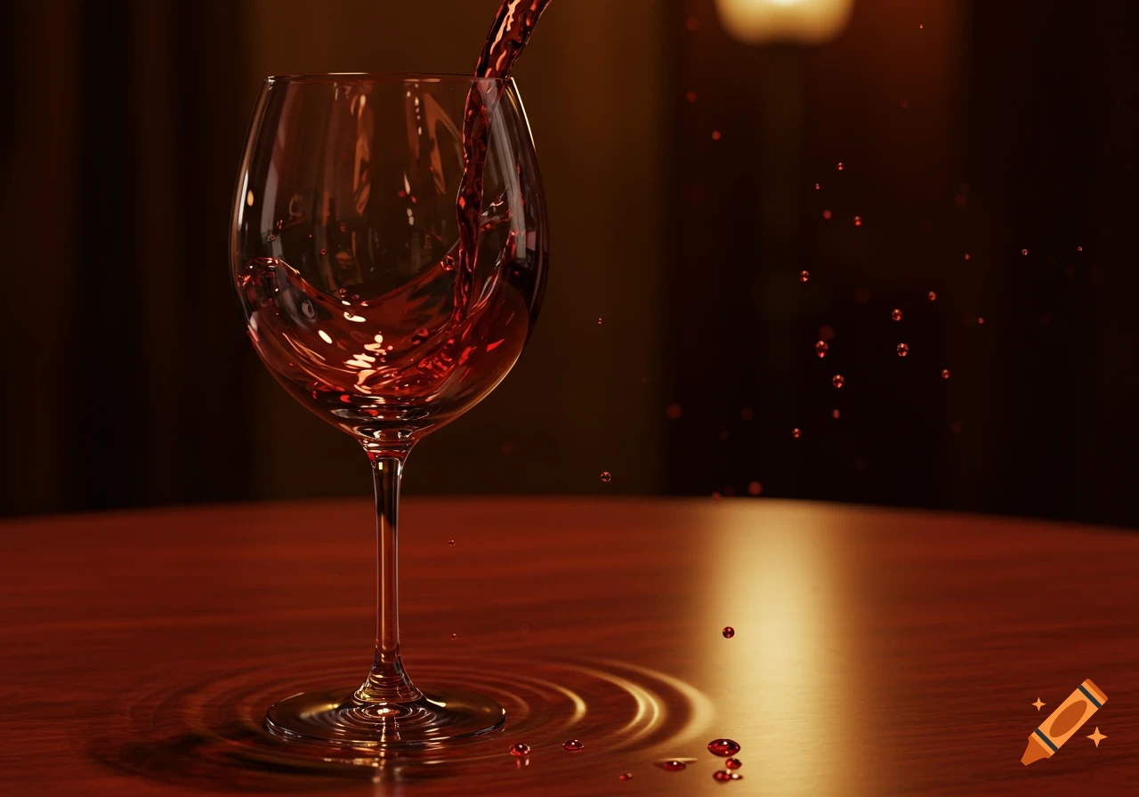 Red wine pouring into a wine glass, with splashes and ripples, on a dark, reflective table in a photorealistic style.