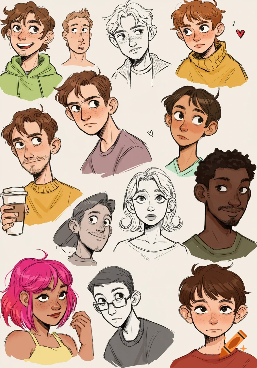 Multiple illustrative sketches of diverse cartoon-style character headshots and busts.