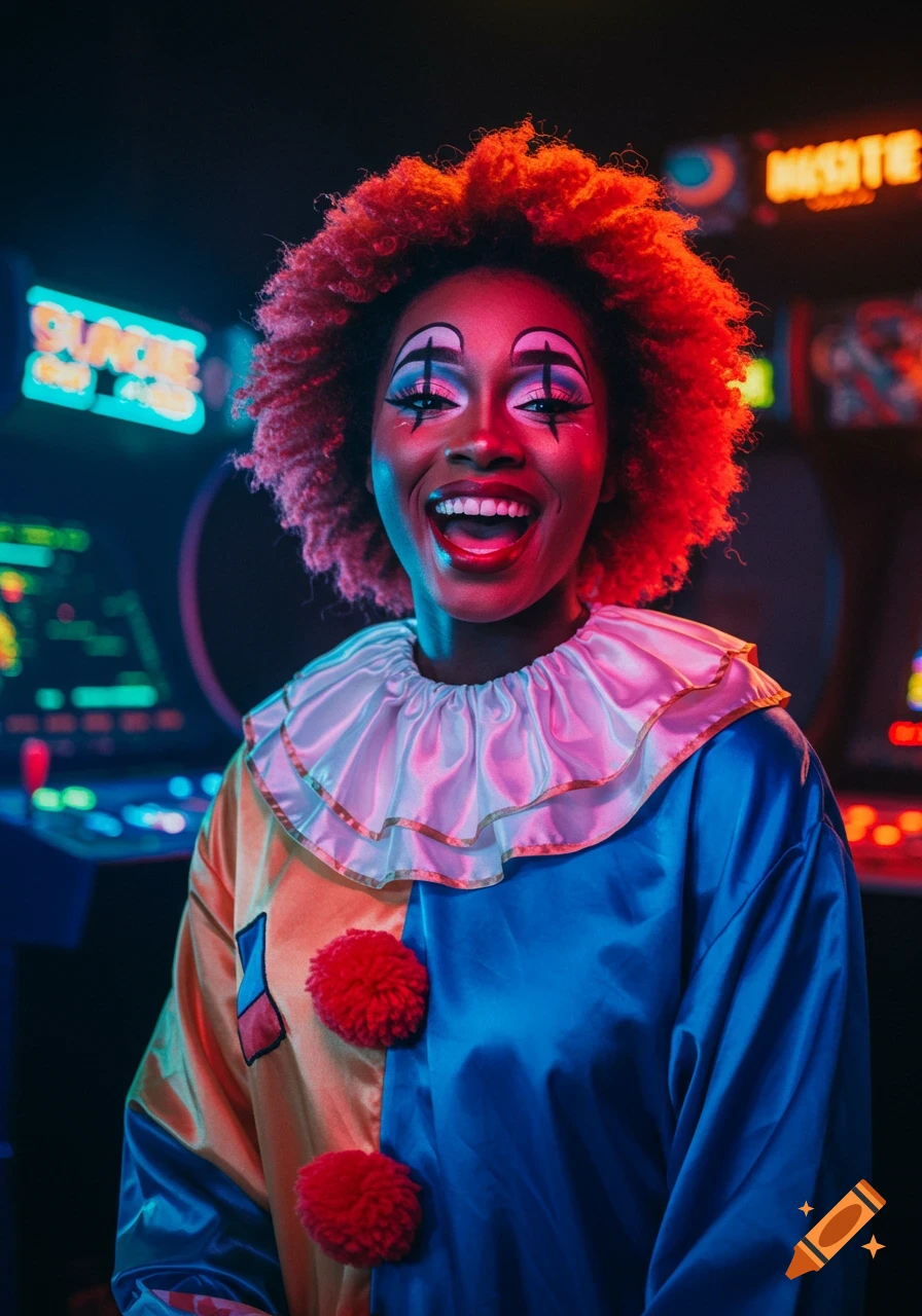 African female clown with colorful makeup and a red afro, smiling broadly in a neon-lit retro arcade.