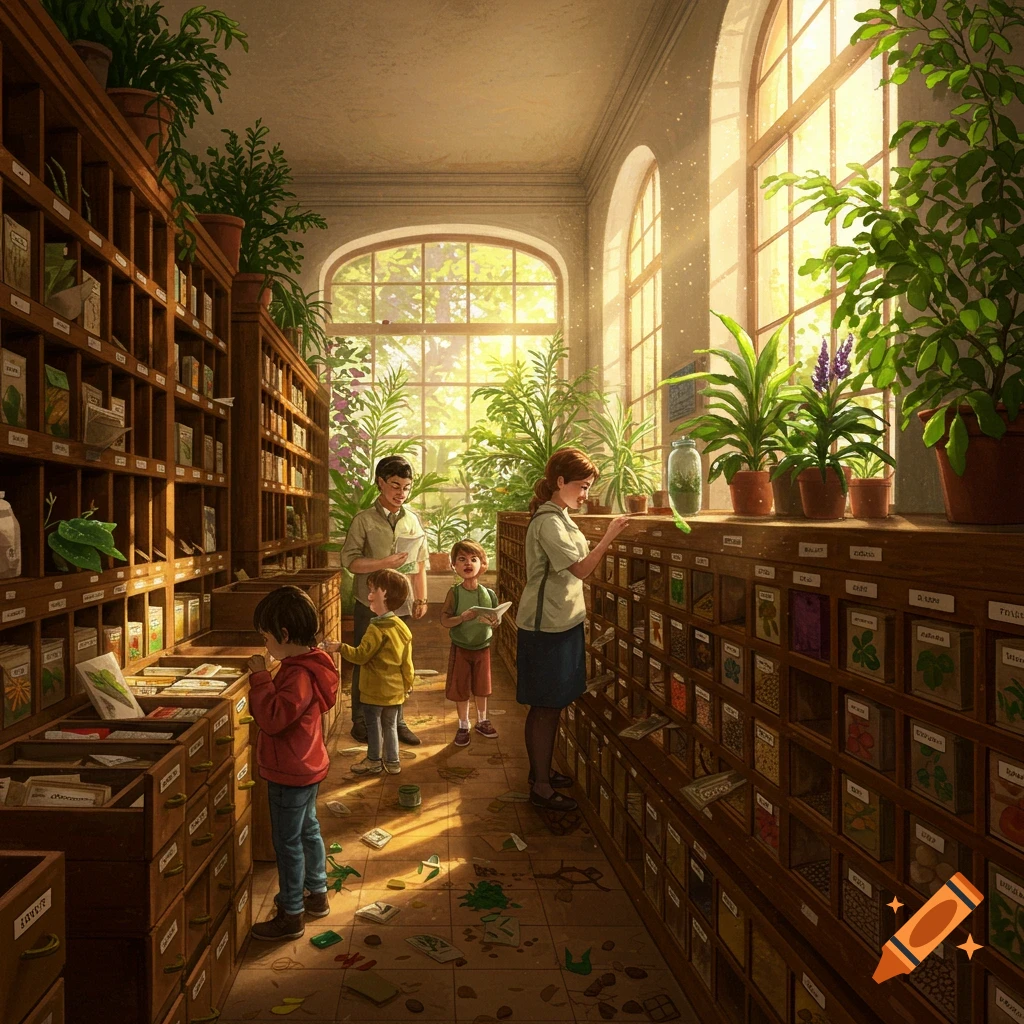 A family browses seed packets in a sunlit seed bank with tall shelves and many potted plants.