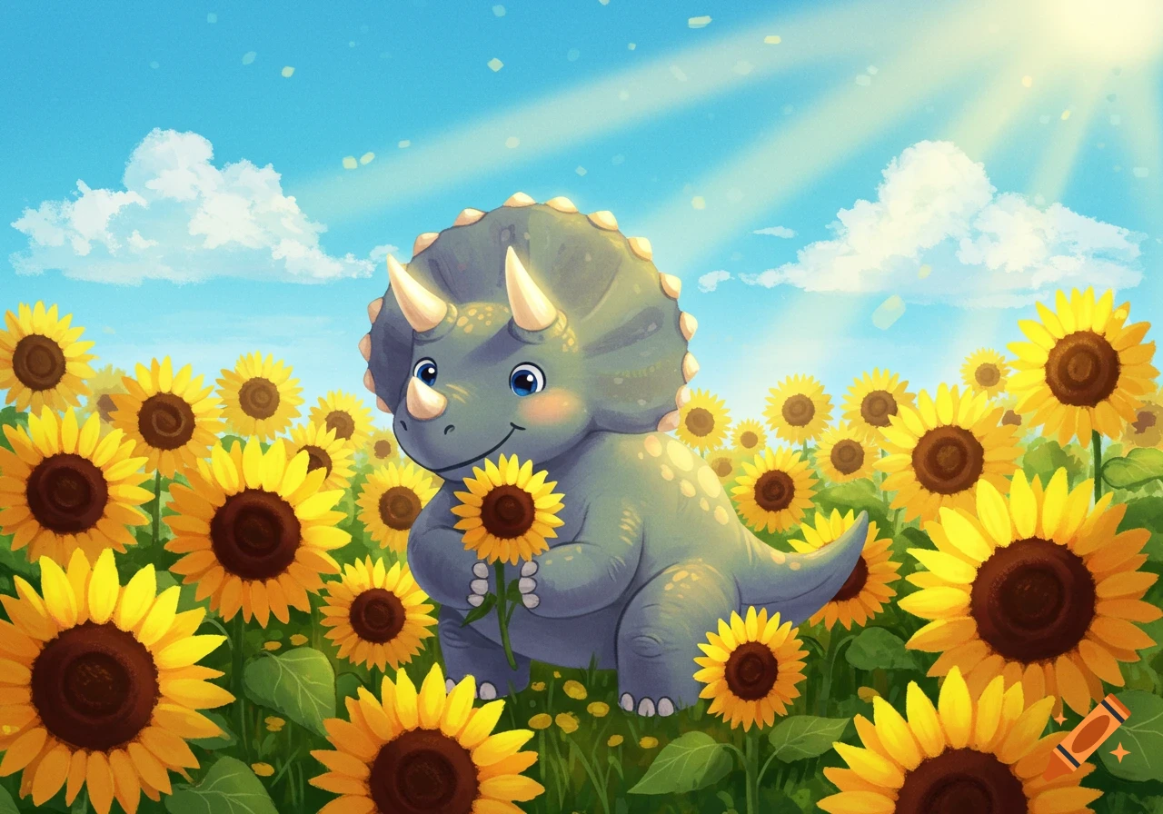 A cute, cartoon triceratops dinosaur holds a sunflower while standing in a vibrant field of yellow sunflowers under a sunny blue sky.