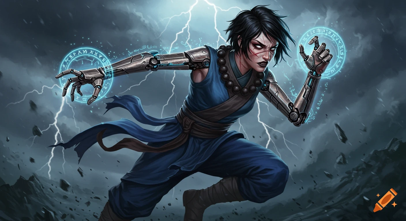 A fierce female monk with cybernetic arms and glowing runes, in a stormy landscape with lightning. Digital painting.