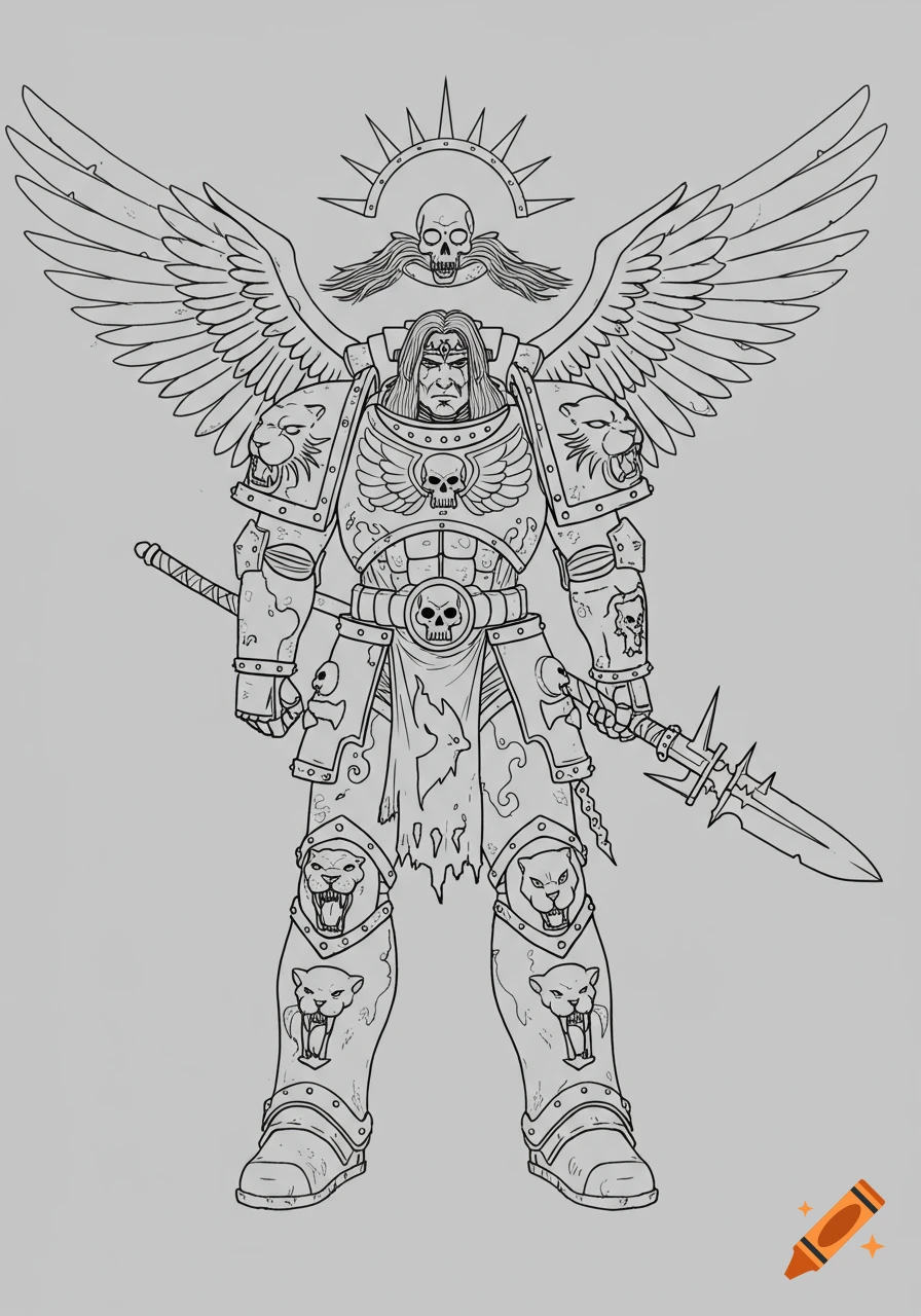 Line drawing of a powerful winged warrior in bulky armor, adorned with skulls and panther heads, holding a two-pronged spear.