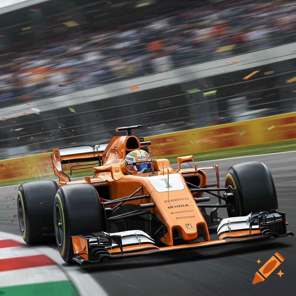An orange Formula 1 race car speeds around a track, creating motion blur, with a grandstand full of spectators in the background.