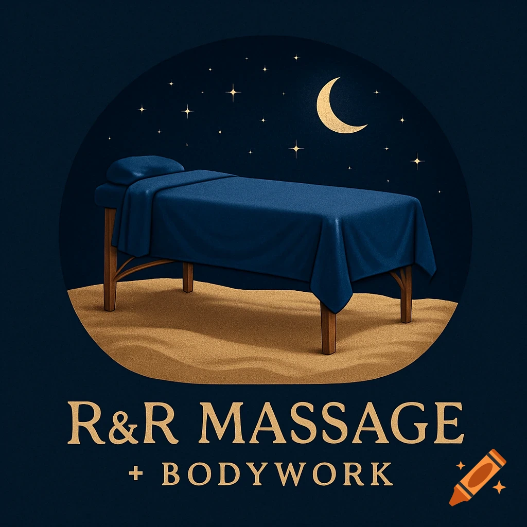 Logo featuring a blue-covered massage table on sand under a starry night sky with a crescent moon. Text reads 'R&R MASSAGE + BODYWORK'.