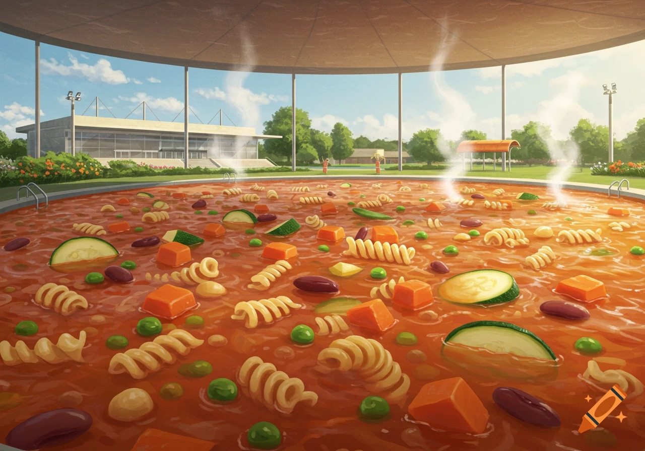 A gigantic Olympic pool filled with steaming minestrone soup, with giant noodles, vegetables, and beans, set outdoors under a sunny sky.
