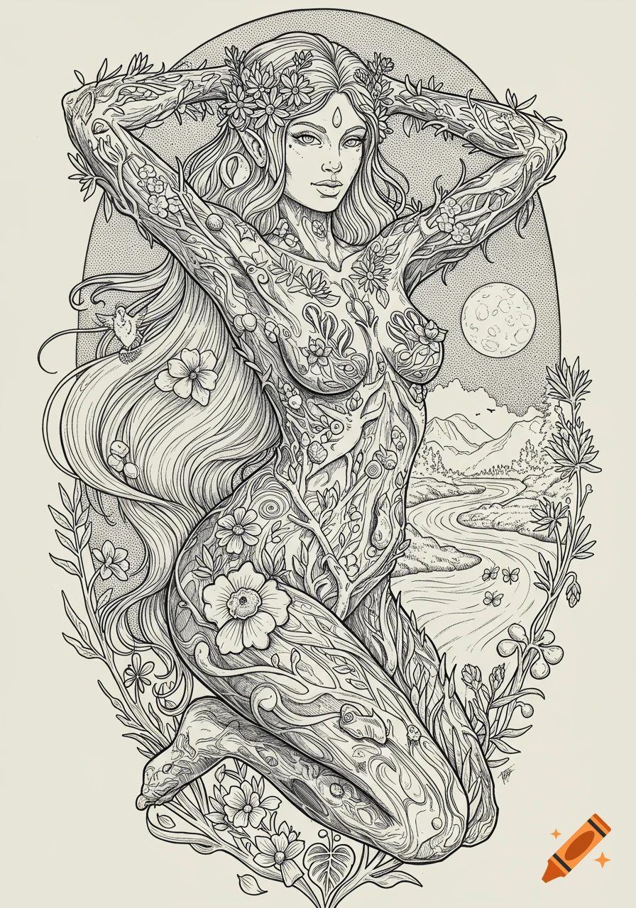 Black and white line art drawing of a nature goddess with a body made of plants and flowers, long hair, set against a background of mountains, a river, and a full moon.