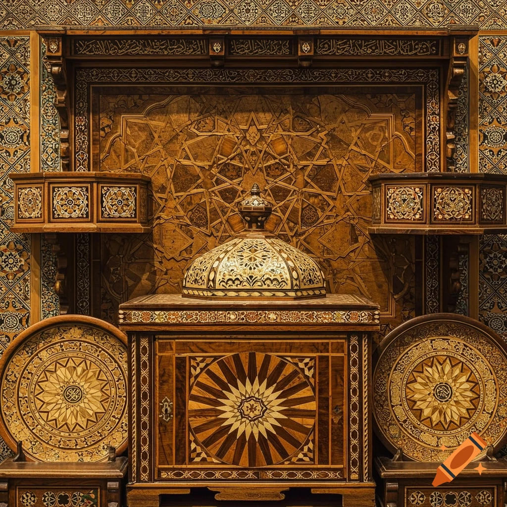 Intricate Syrian marquetry on wooden furniture, showcasing geometric patterns, floral motifs, and mother-of-pearl inlay.