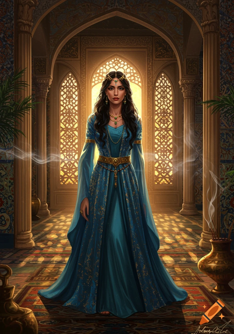 A woman in a teal and gold gown with ornate jewelry and tiara stands in a grand, sunlit palace hall with arches and patterned windows.