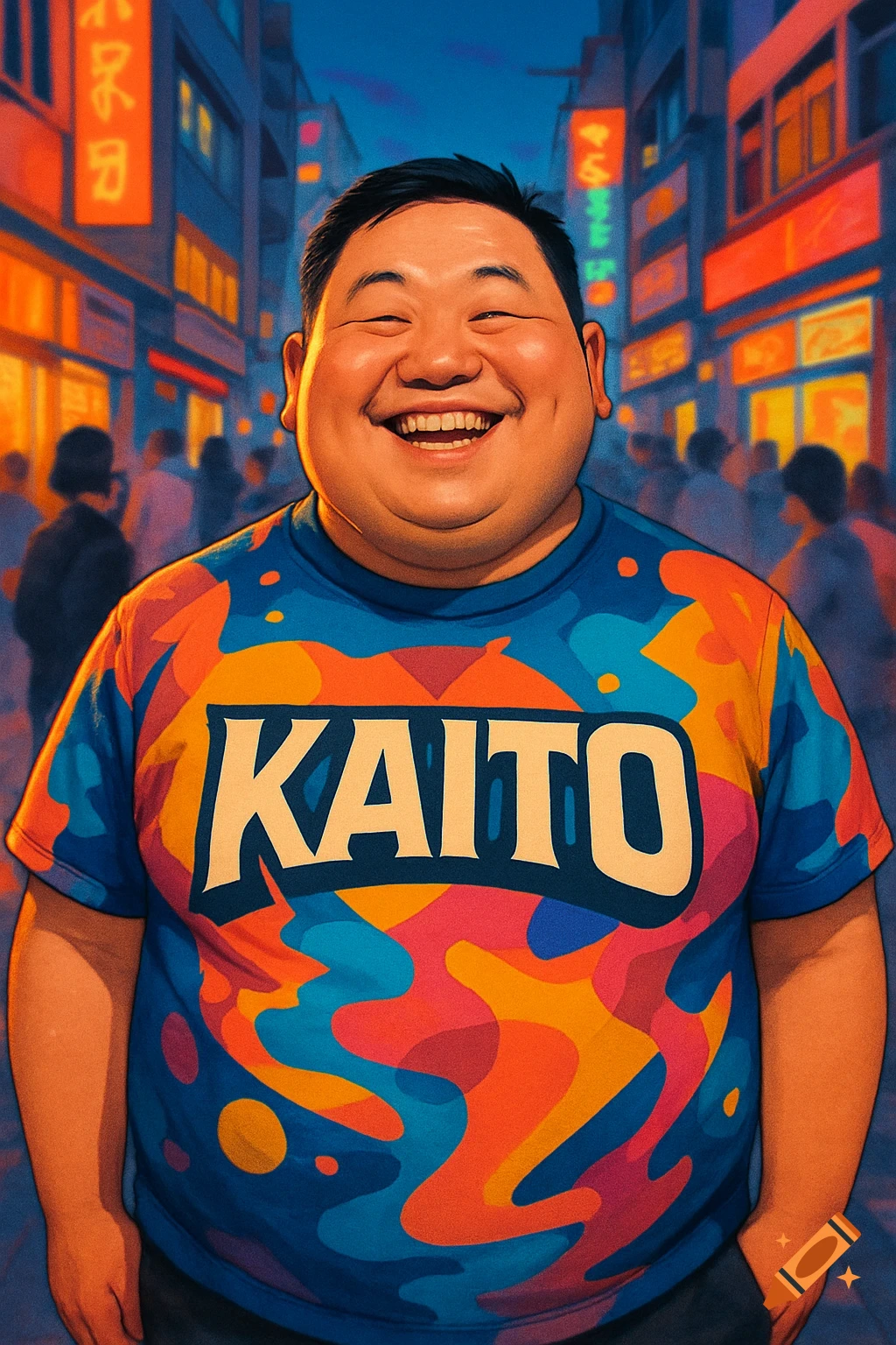 A smiling Asian man in a vibrant, colorful shirt with 'KAITO' on it stands on a city street at night, with neon signs in the background.