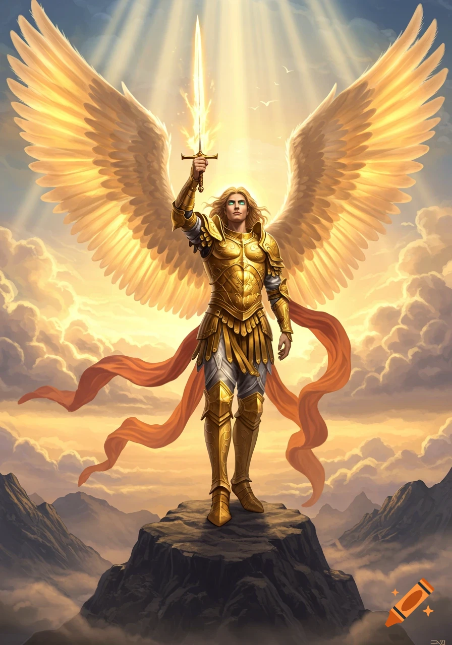 A majestic angelic warrior in golden armor with large wings stands on a mountain peak, holding a glowing sword aloft under a dramatic, light-filled sky.