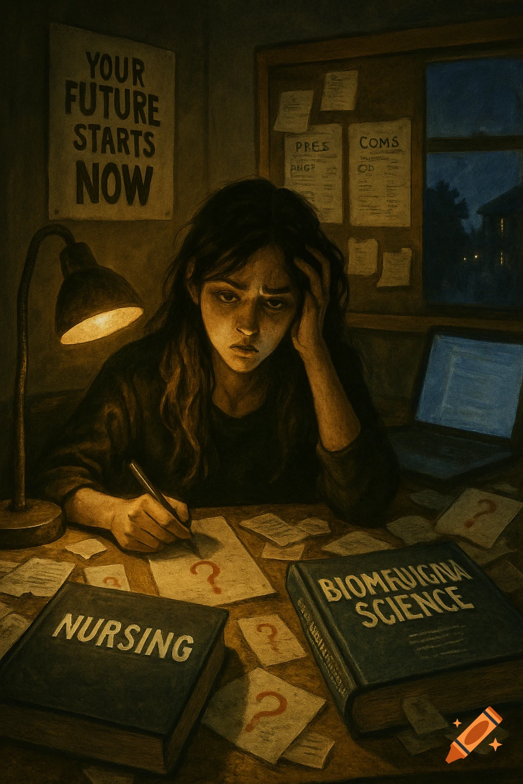 A stressed young woman with long dark hair sits at a desk under a lamp, studying with books titled 'Nursing' and 'Biomfuigna Science', surrounded by papers with question marks.