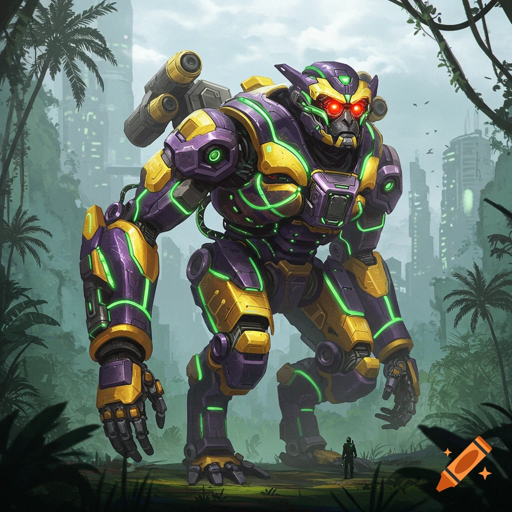 A towering purple and gold robot mech with glowing green lines and red eyes stands in a lush jungle with a futuristic city in the background, a small human figure at its feet.