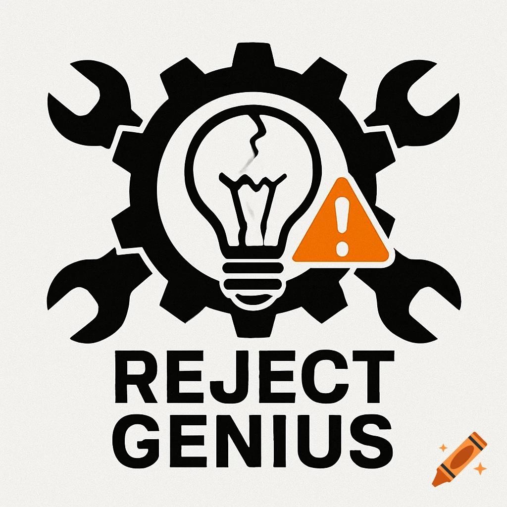 Black and white logo with a gear, two wrenches, a broken lightbulb, an orange warning triangle, and the text 'REJECT GENIUS'.