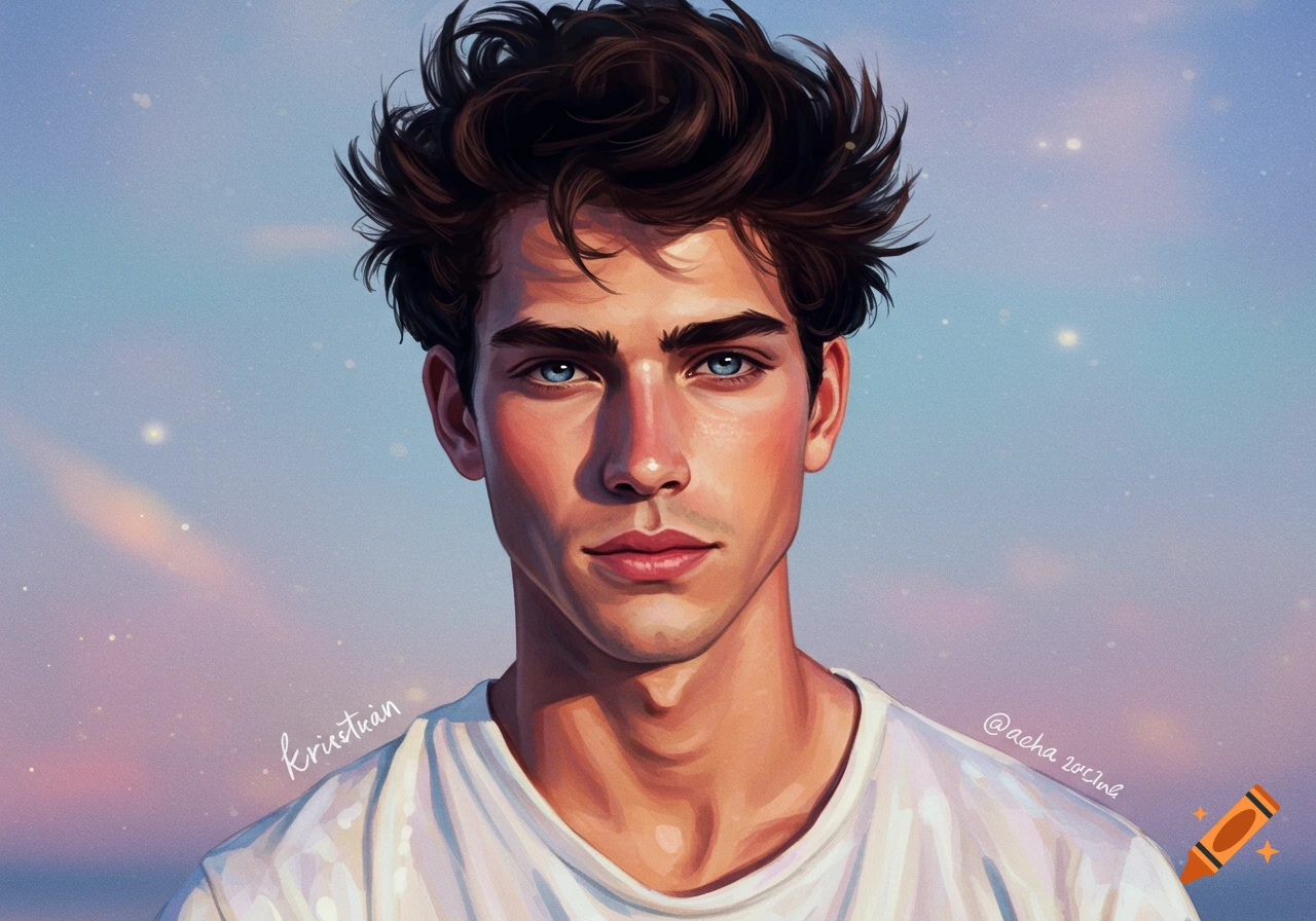 A close-up digital painting of a young man with messy dark hair and striking blue eyes against a soft, colorful sky.