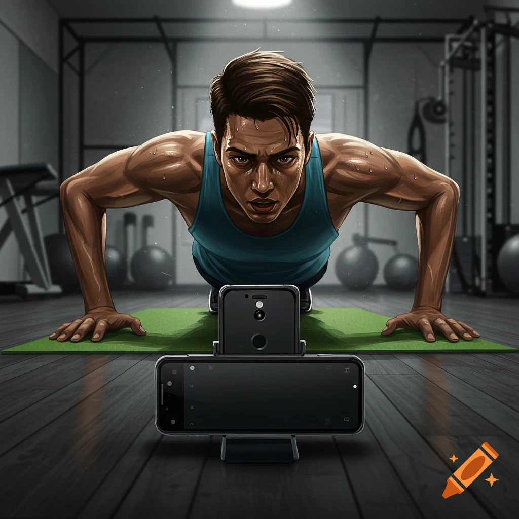 A determined man in a blue tank top does a pushup on a green mat in a gym, looking directly at a phone set up for recording in the foreground. Stylized art.