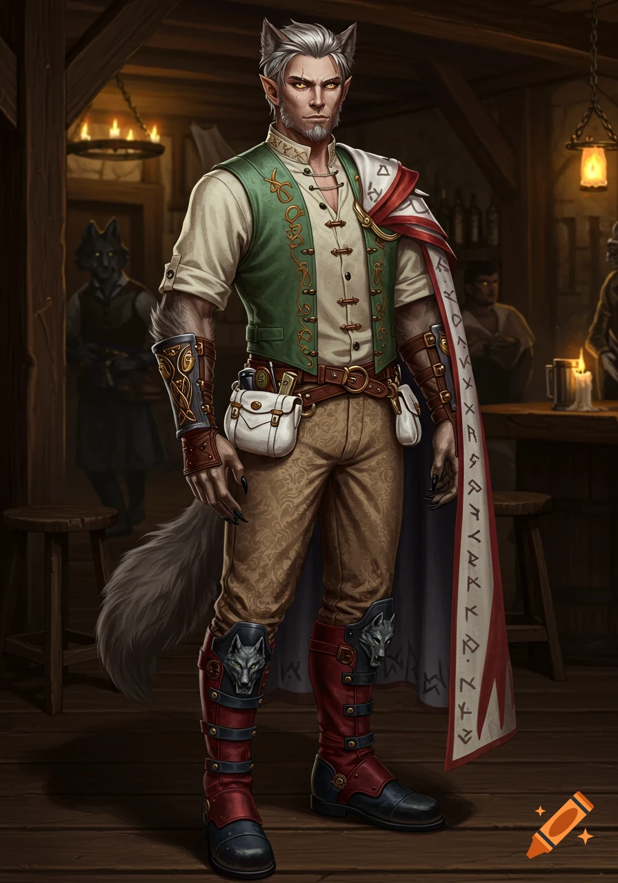 A detailed illustration of a werewolf-human hybrid with grey hair and yellow eyes, wearing fantasy attire in a dimly lit tavern.