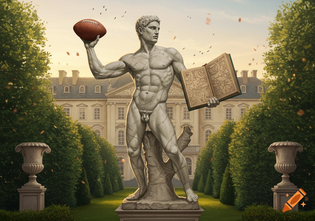 A classical marble statue of a muscular man holding a football and an open book in a formal garden with a large mansion in the background.