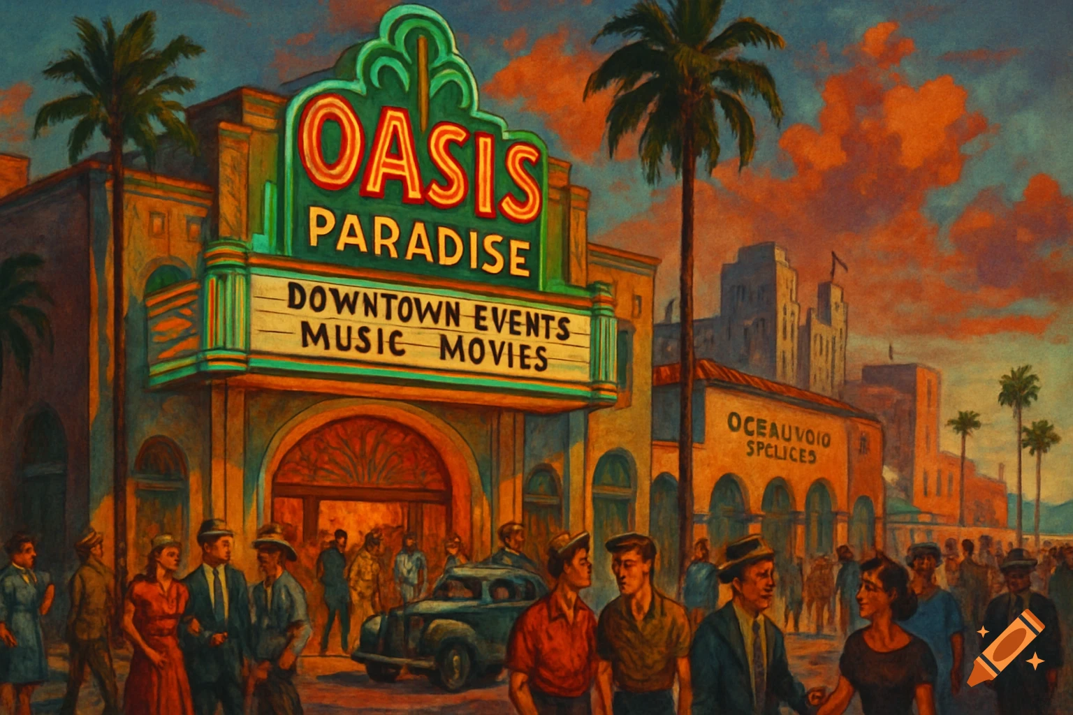 An oil painting of a bustling vintage city street with a prominent 'Oasis Paradise' theater marquee under an orange and blue sky, with palm trees and classic cars.