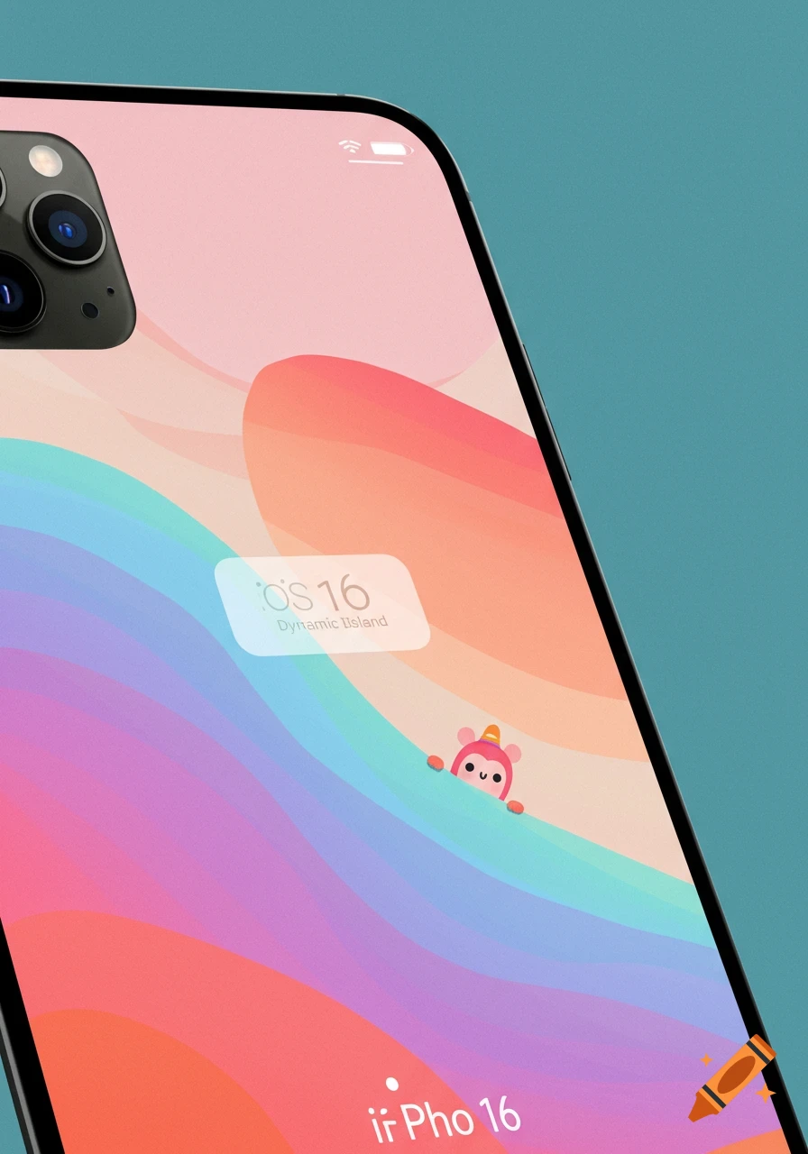 Close-up of a smartphone screen displaying a colorful wavy wallpaper and text 'iOS 16 Dynamic Island' with a small cartoon character peeking out.