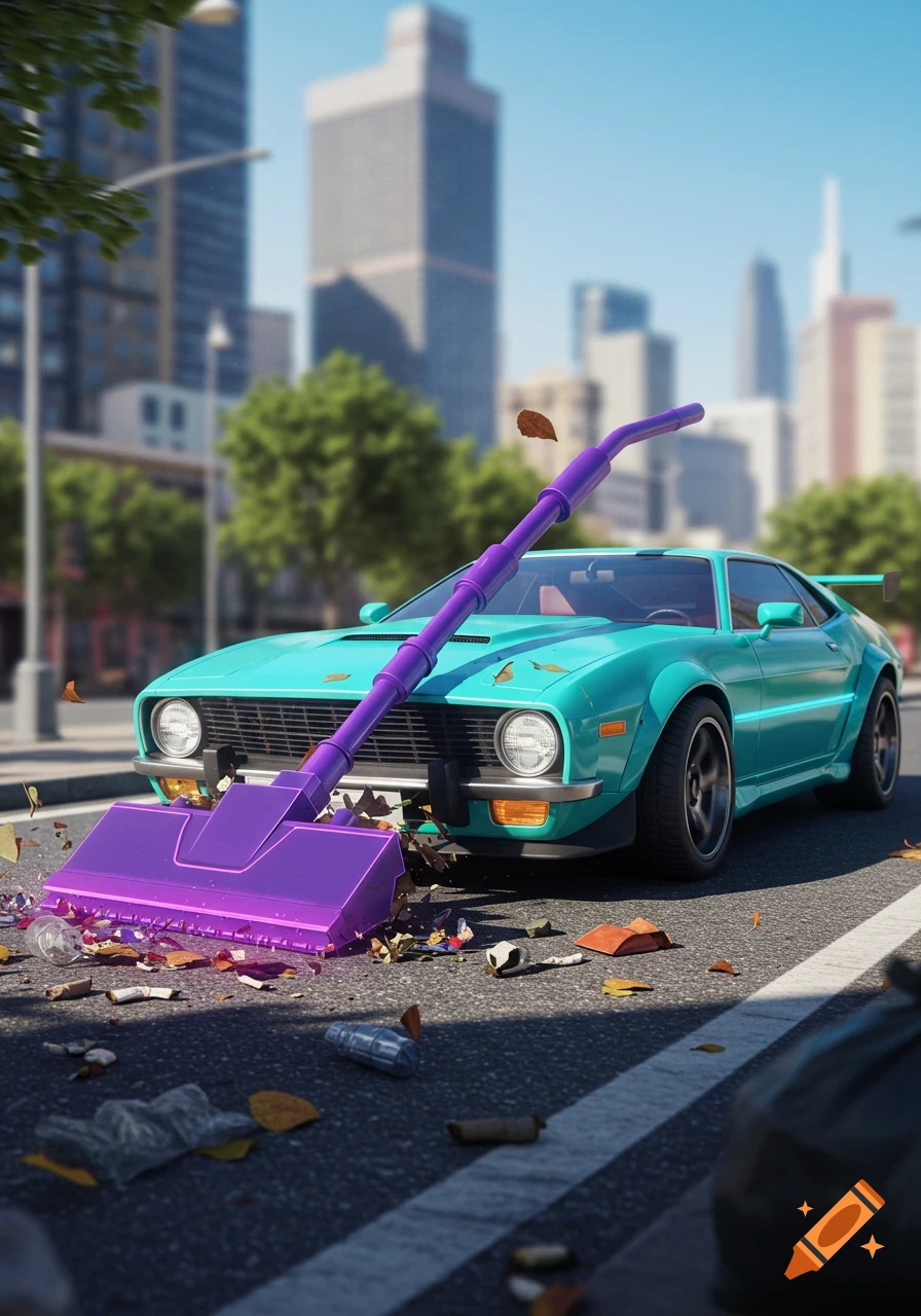 A vibrant teal car with a large purple vacuum cleaner attached to its front bumper cleans litter from a city street.