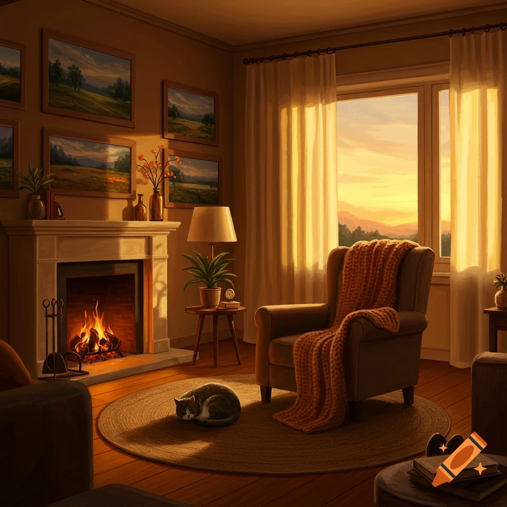 A cozy living room with a lit fireplace, a sleeping cat on a rug, and an armchair bathed in golden window light.