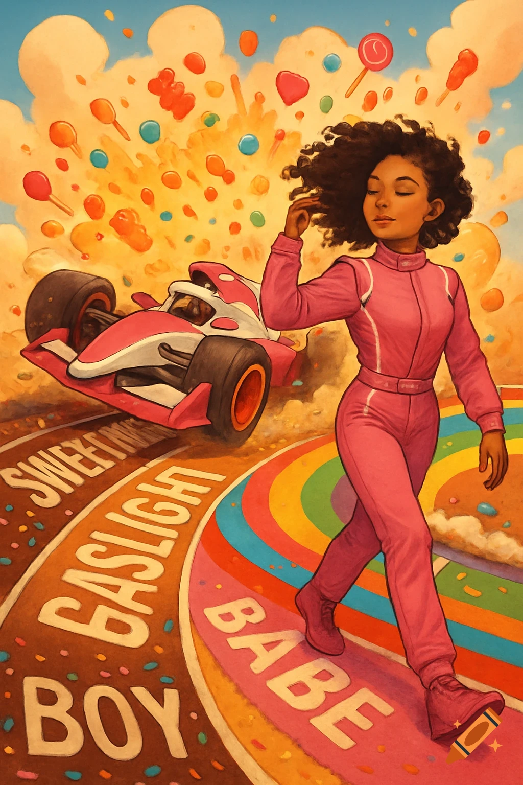 A mixed-race girl in a pink racing suit walks away as a pink race car crashes on a candy track, with exploding candy. Digital art.