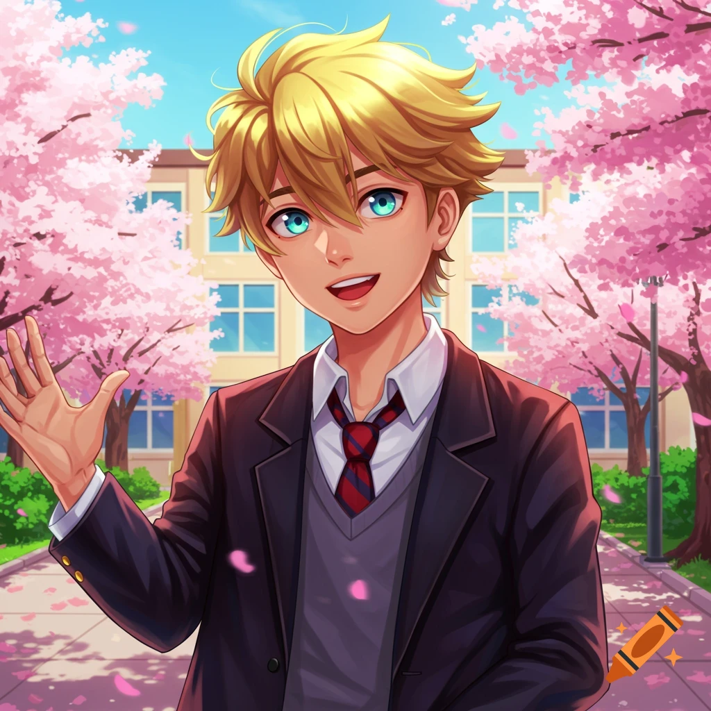 Anime boy with blonde hair and blue eyes, wearing a school uniform, smiling and waving in front of a school with cherry blossoms.