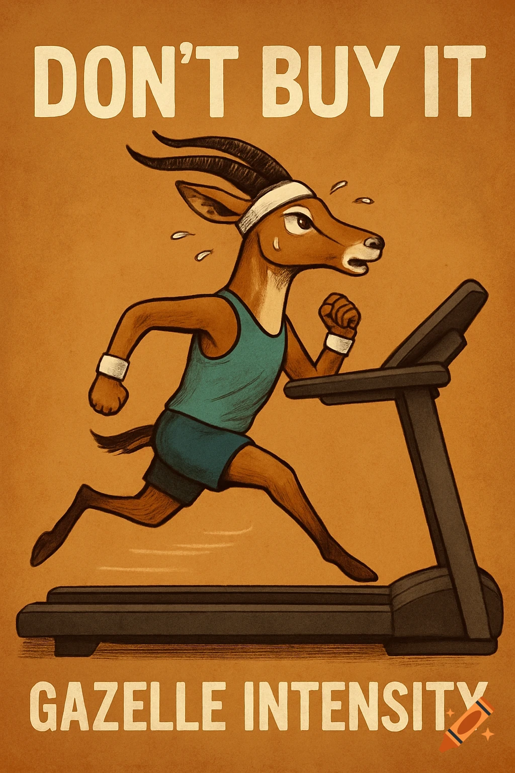 A cartoon gazelle in athletic gear sweats while running on a treadmill. Text reads "DON'T BUY IT" and "GAZELLE INTENSITY".