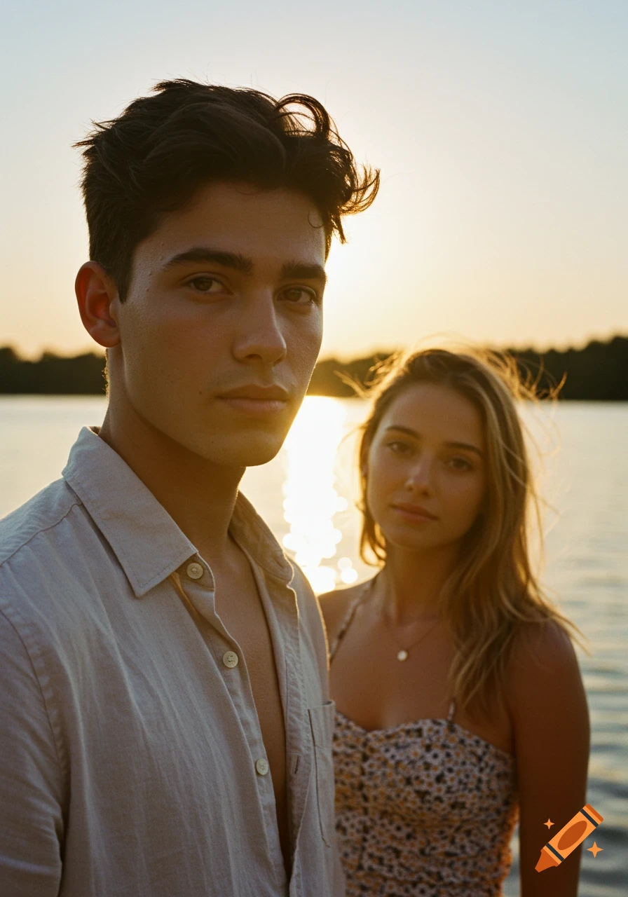 A photorealistic portrait of a young man and woman standing by a lake at sunset.