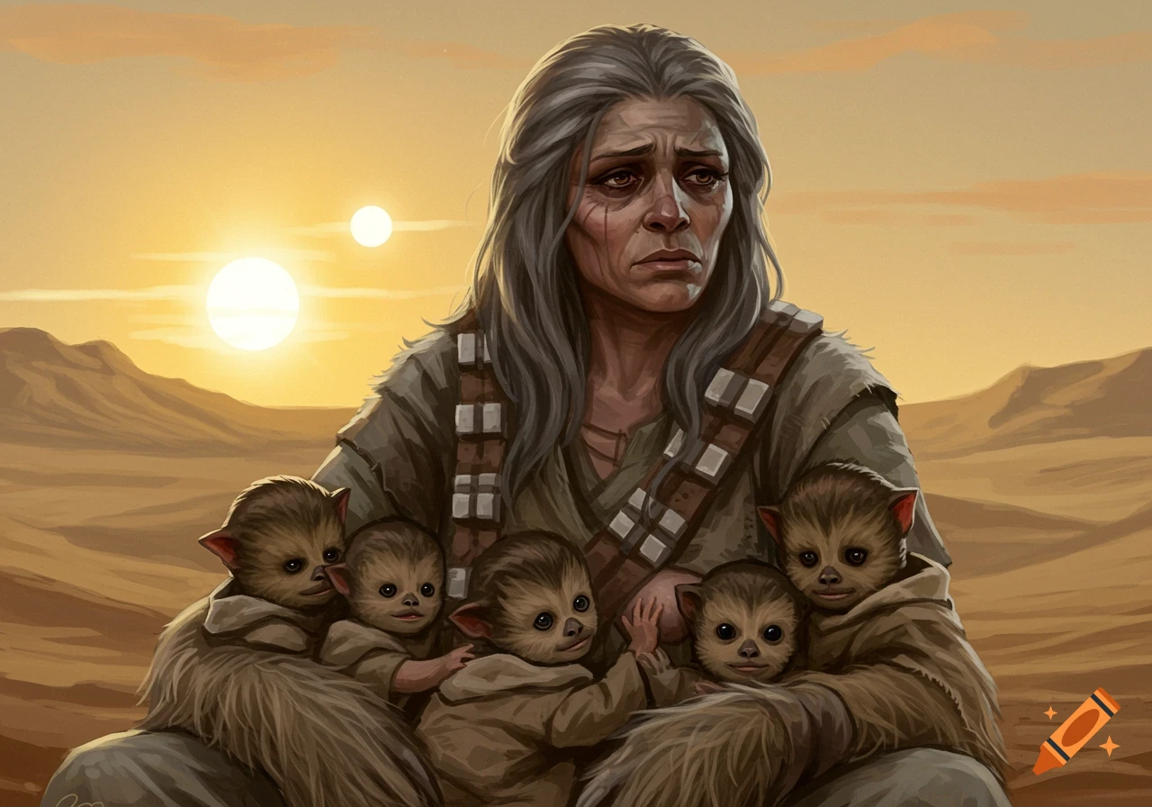 A weary, gray-haired wookie mother sits in a desert with two suns, holding several small wookie children.