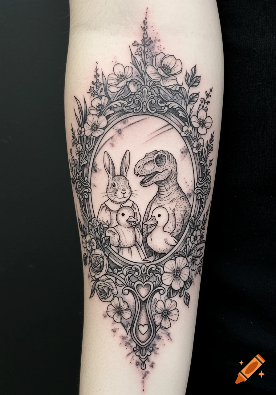 A black and grey tattoo on an arm, featuring a bunny, a dinosaur, and two ducklings inside an ornate, floral mirror frame.