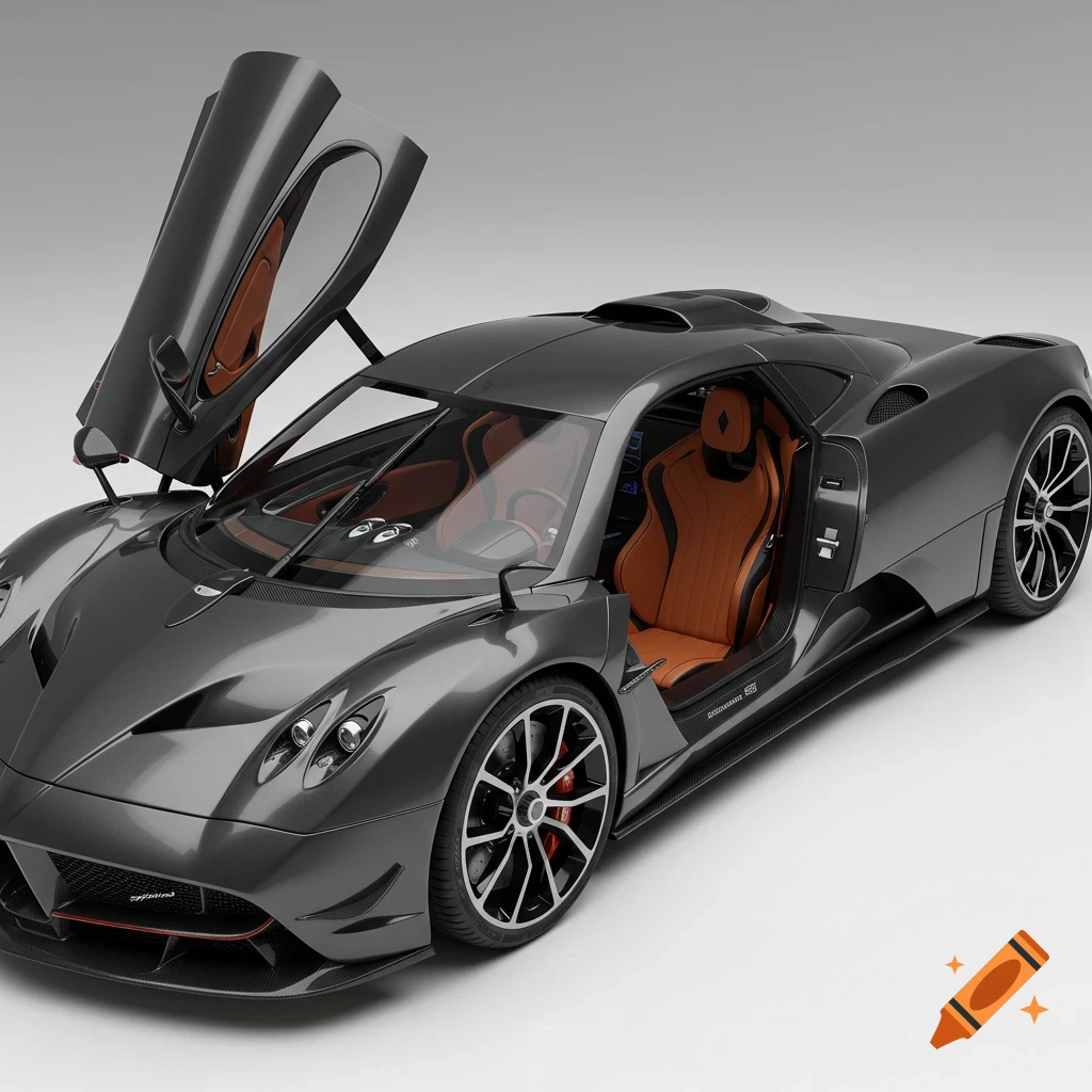 A dark gray hypercar with its driver's side scissor door open, revealing a tan leather interior, displayed in a white showroom.
