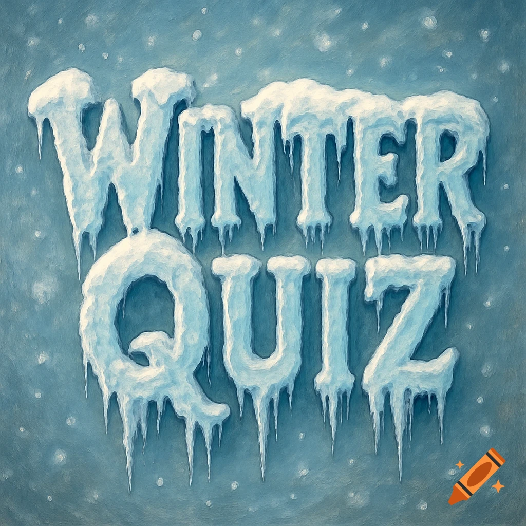 Stylized text 'WINTER QUIZ' made of snow and ice with icicles, on a frosty blue background.